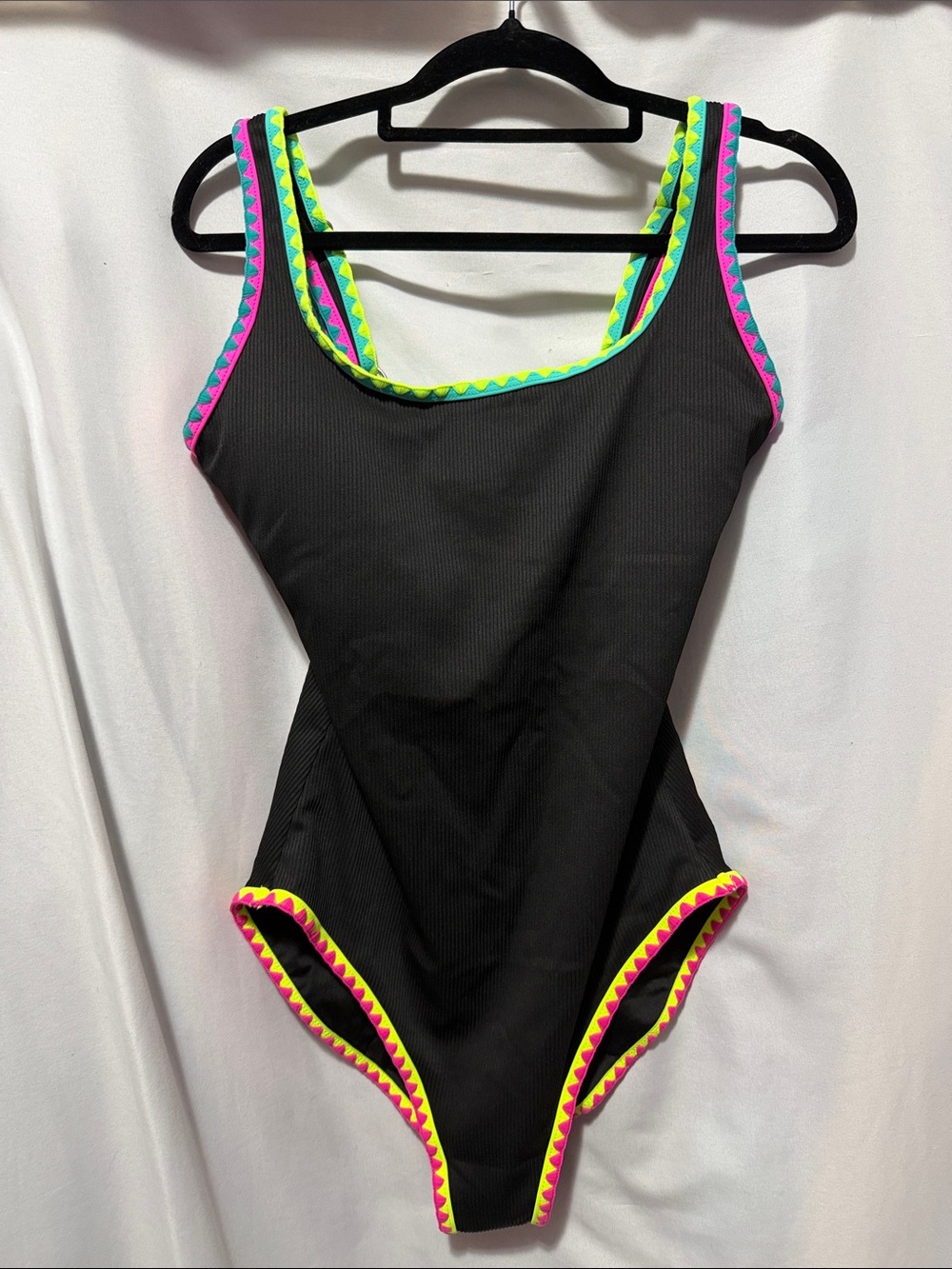 Classic Black One-Piece Swimsuit with Neon Pink & Lime Trim
